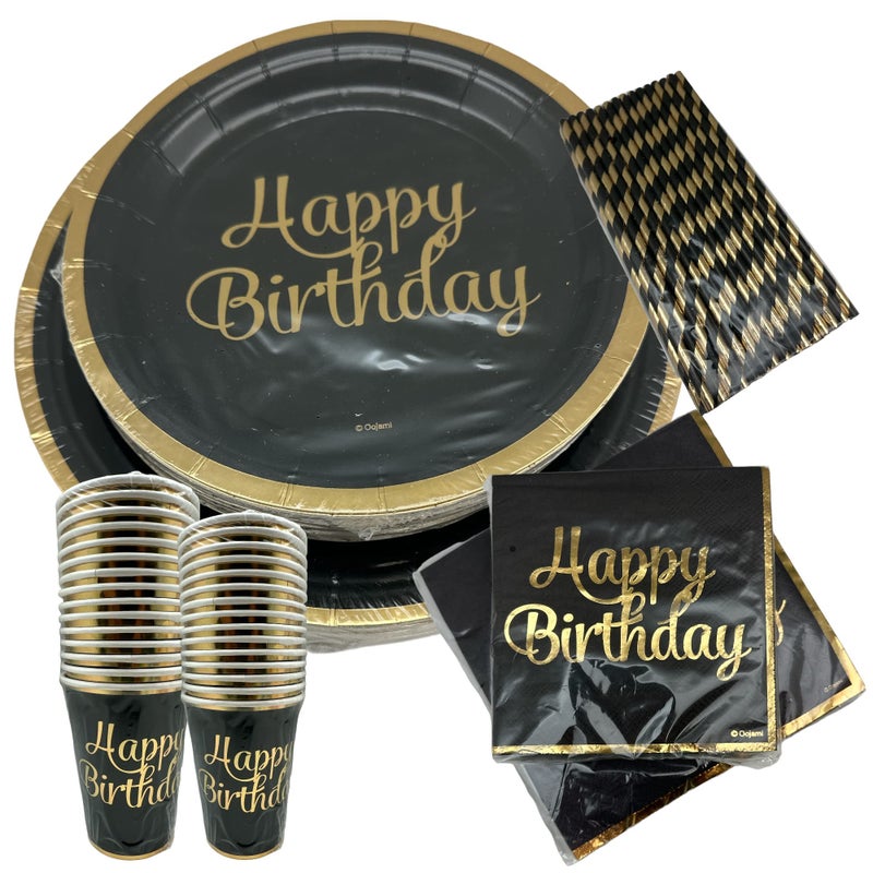 Oojami 180-Piece Happy Birthday Party Supplies Set â€“ Serves 30 Guests with 9" Dinner Plates, 7" Dessert Plates, 12 oz Cups, and 3-Ply Napkins â€“ Gold Foil Disposable Tableware Party Pack - Image 1